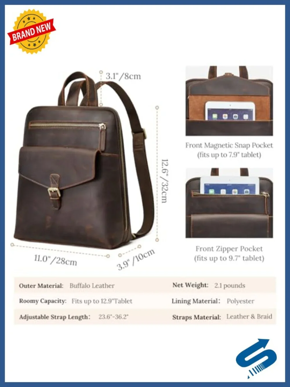 Small Leather Backpack Purse with Luggage Sleeve Daypack, Top Grain Leather,